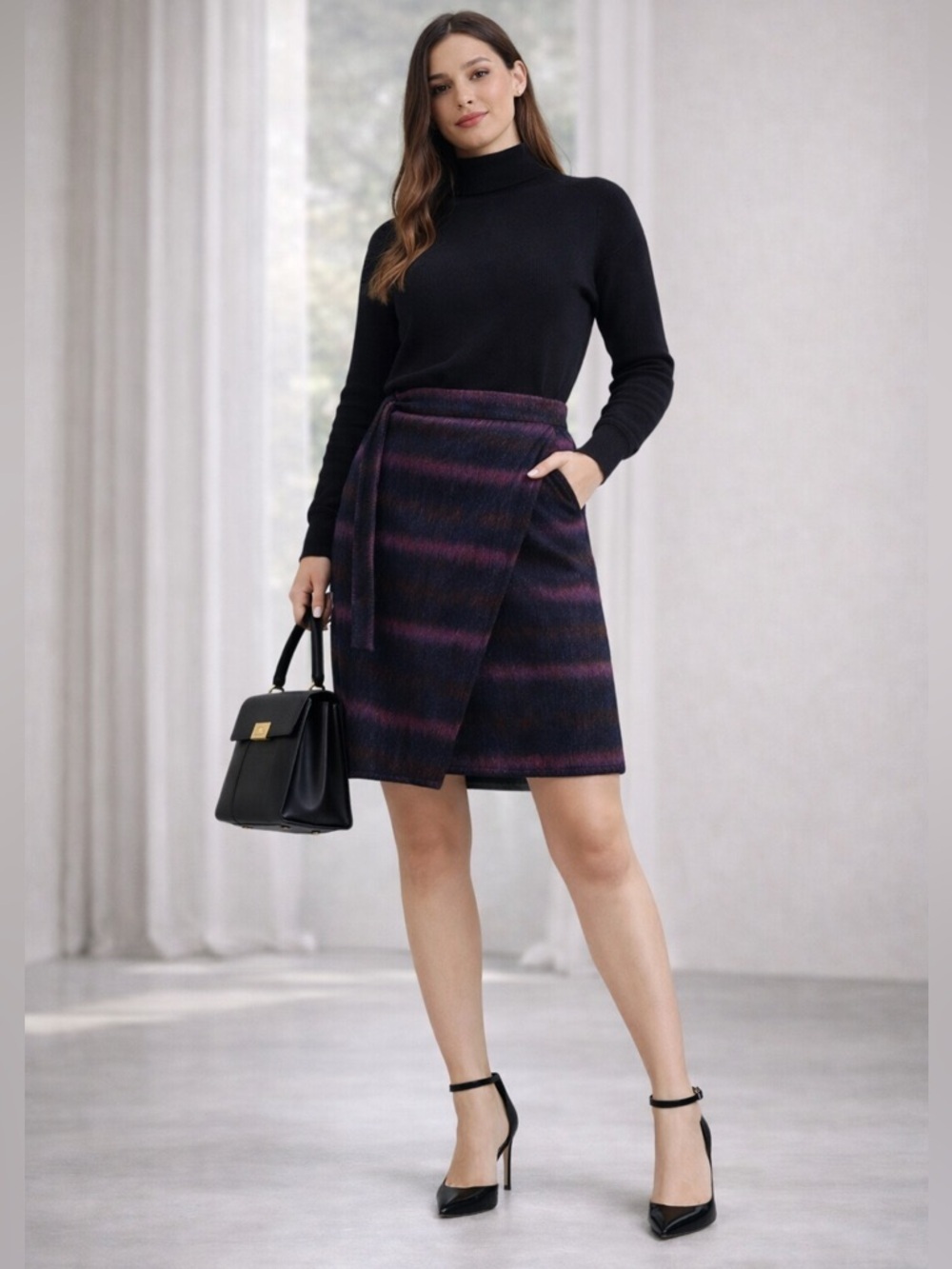KENZO Paris Wrap Mini Skirt Wool Alpaca Black Pink Striped Tie XS S Designer